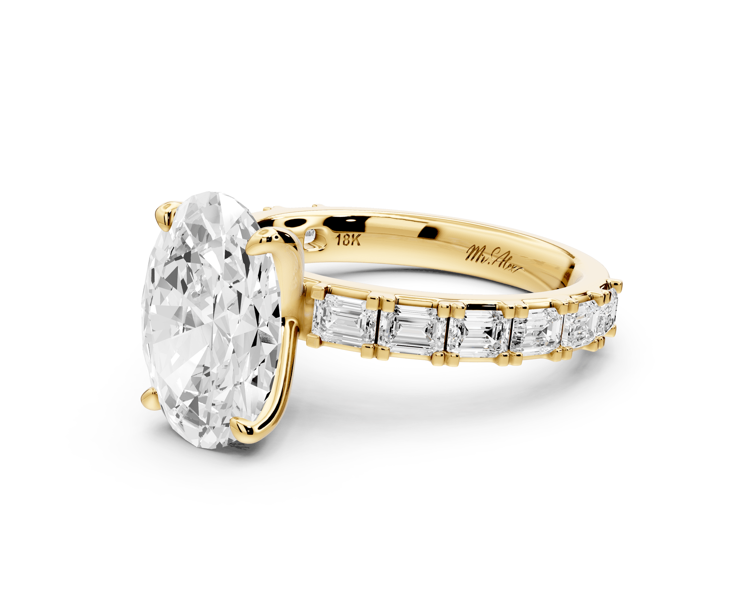 Nadia - 3ct 18k yellow gold oval diamond with east - west emerald cut accent stones engagament ring - Mr. Alex Jewelry