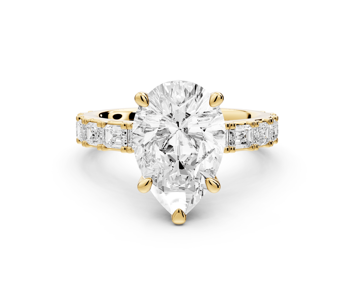 Nadia - 3ct 18k yellow gold pear diamond with east - west emerald cut accent stones engagament ring - Mr. Alex Jewelry
