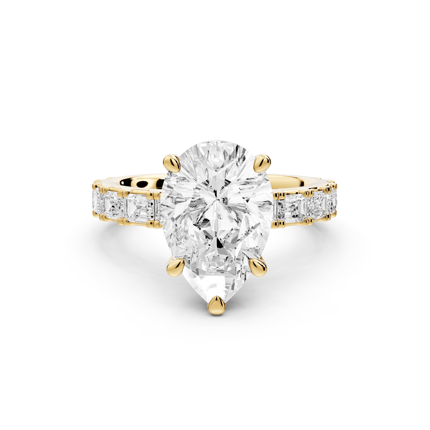 Nadia - 3ct 18k yellow gold pear diamond with east - west emerald cut accent stones engagament ring - Mr. Alex Jewelry