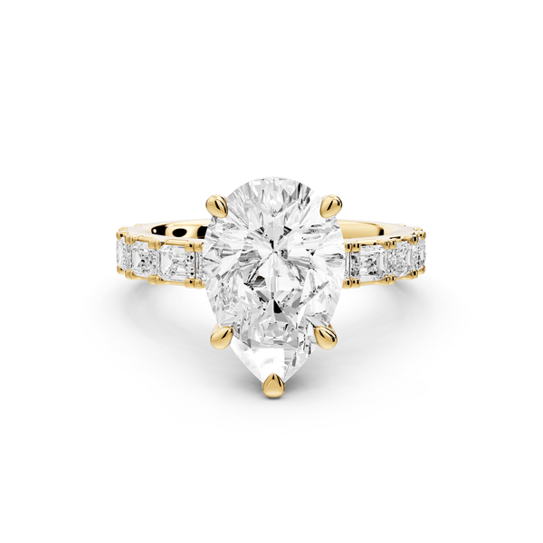 Nadia - 3ct 18k yellow gold pear diamond with east - west emerald cut accent stones engagament ring - Mr. Alex Jewelry