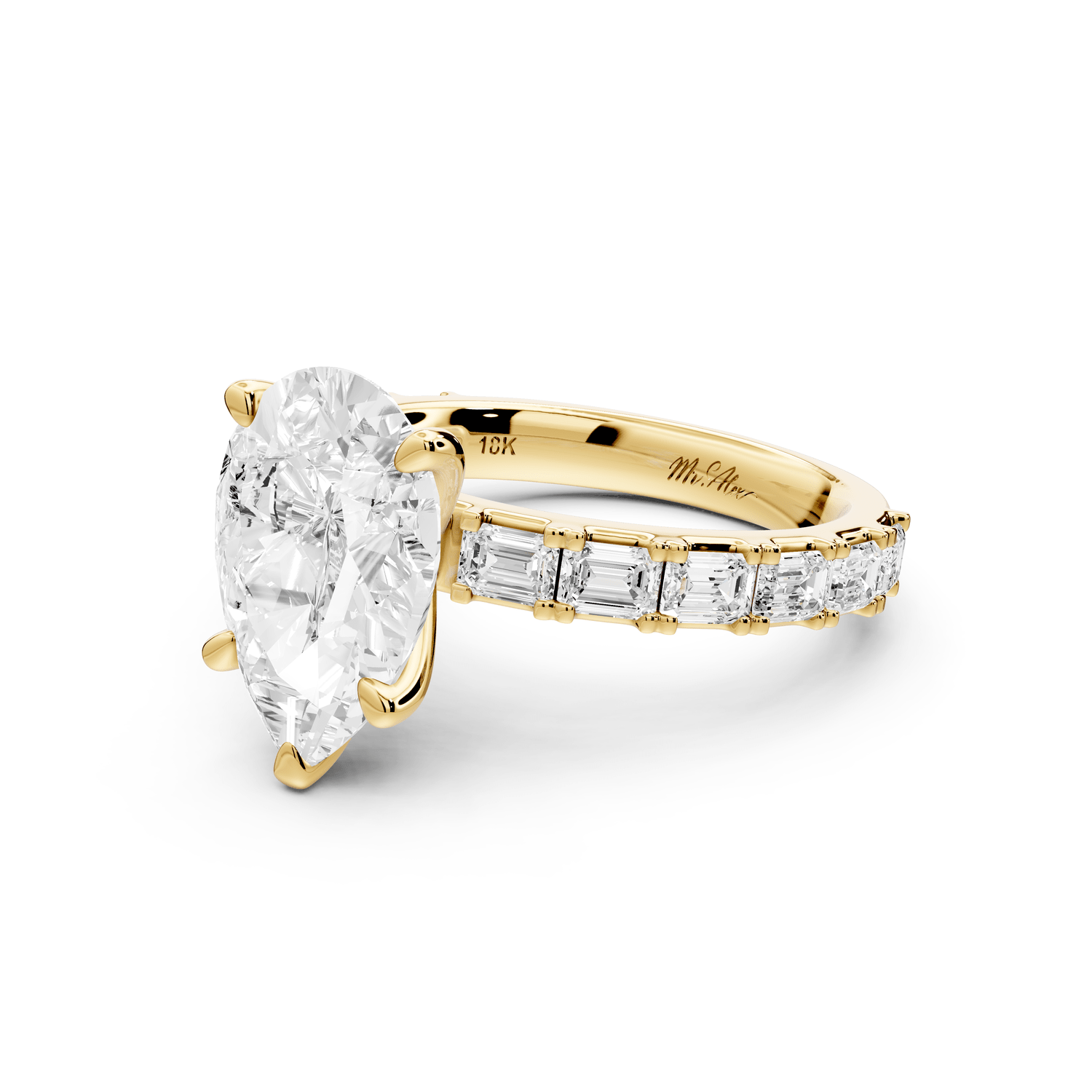 Nadia - 3ct 18k yellow gold pear diamond with east - west emerald cut accent stones engagament ring - Mr. Alex Jewelry