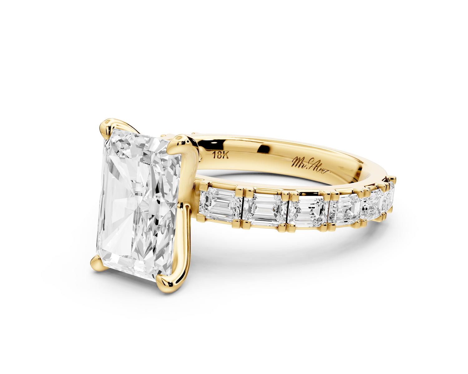 Nadia - 3ct 18k yellow gold radiant diamond with east - west emerald cut accent stones engagement ring - Mr. Alex Jewelry