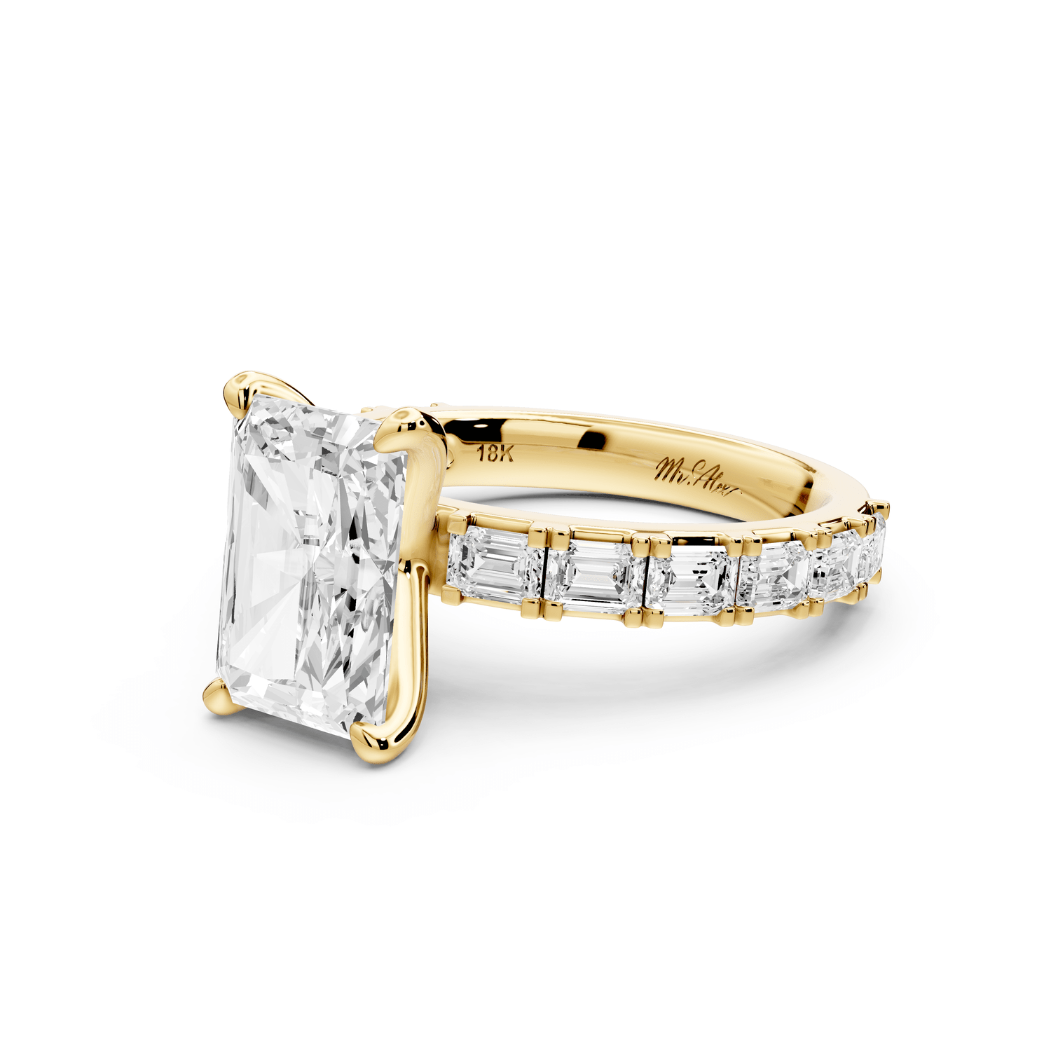 Nadia - 3ct 18k yellow gold radiant diamond with east - west emerald cut accent stones engagement ring - Mr. Alex Jewelry