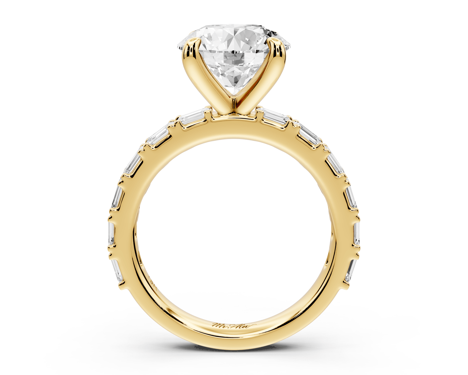 Nadia - 3ct 18k yellow gold round diamond with east - west emerald cut accent stones engagement ring - Mr. Alex Jewelry