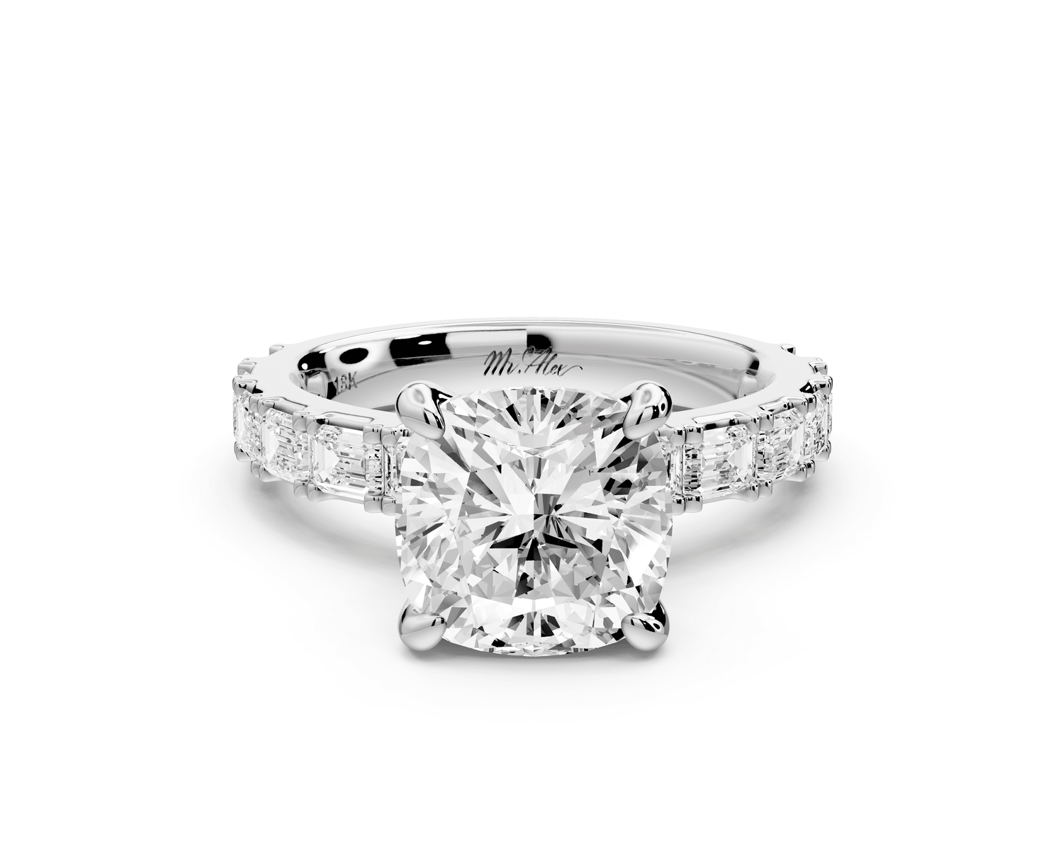 Nadia - 3ct platinum cushion diamond with east - west emerald cut accent stones engagement ring - Mr. Alex Jewelry
