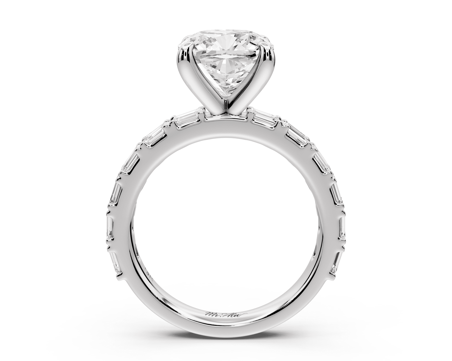 Nadia - 3ct platinum cushion diamond with east - west emerald cut accent stones engagement ring - Mr. Alex Jewelry