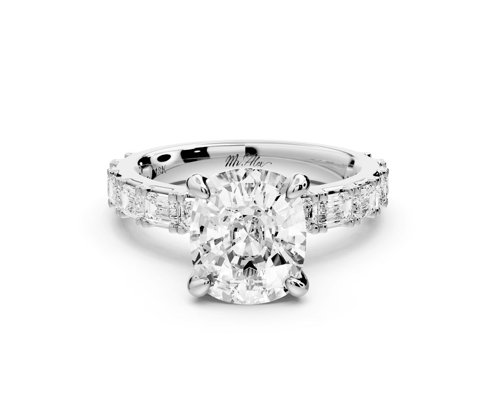 Nadia - 3ct platinum ecushion diamond with east - west emerald cut accent stones engagement ring - Mr. Alex Jewelry