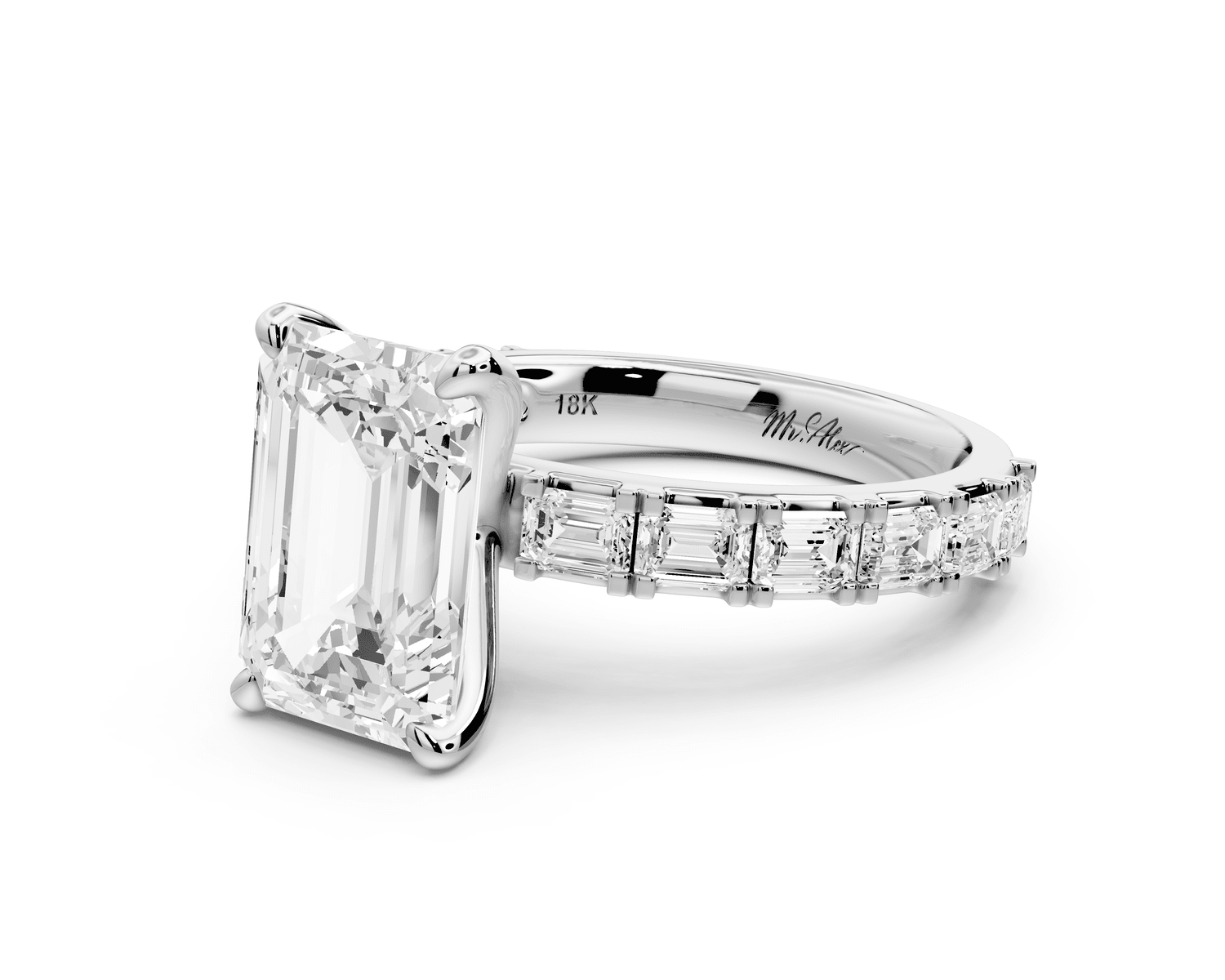 Nadia - 3ct platinum emerald diamond with east - west emerald cut accent stones engagament ring - Mr. Alex Jewelry