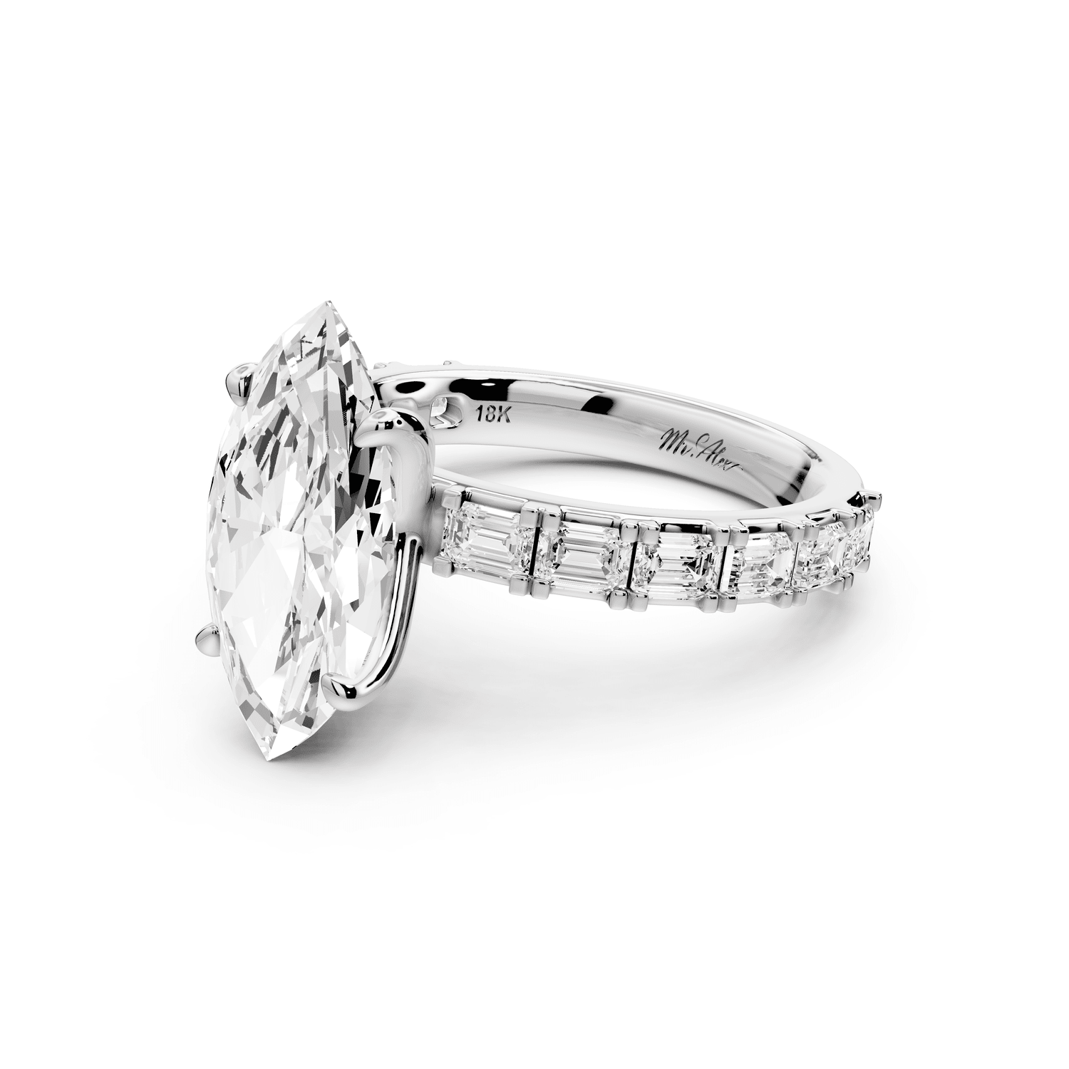 Nadia - 3ct platinum marquise diamond with east - west emerald cut accent stones engagement ring - Mr. Alex Jewelry