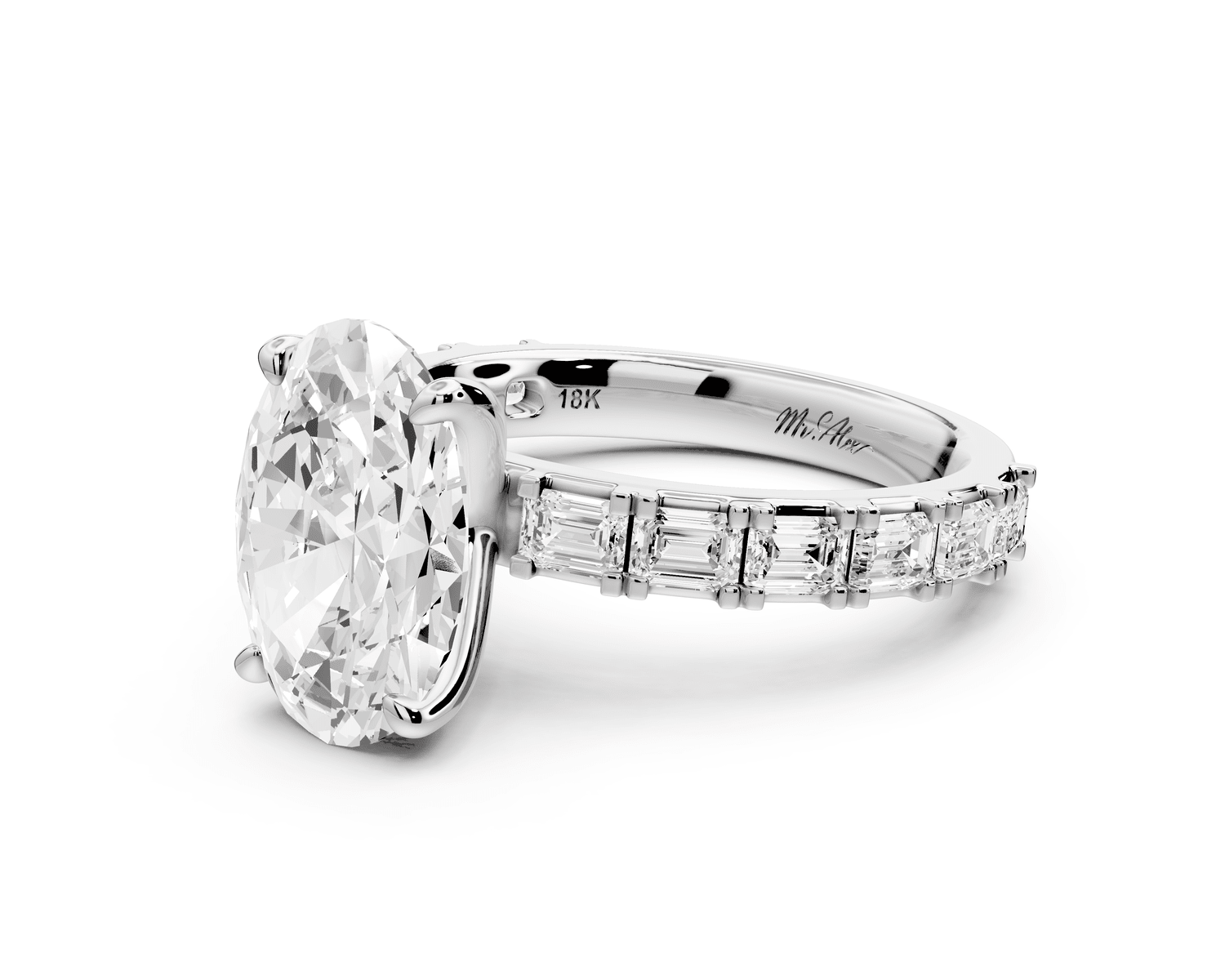 Nadia - 3ct platinum oval diamond with east - west emerald cut accent stones engagament ring - Mr. Alex Jewelry