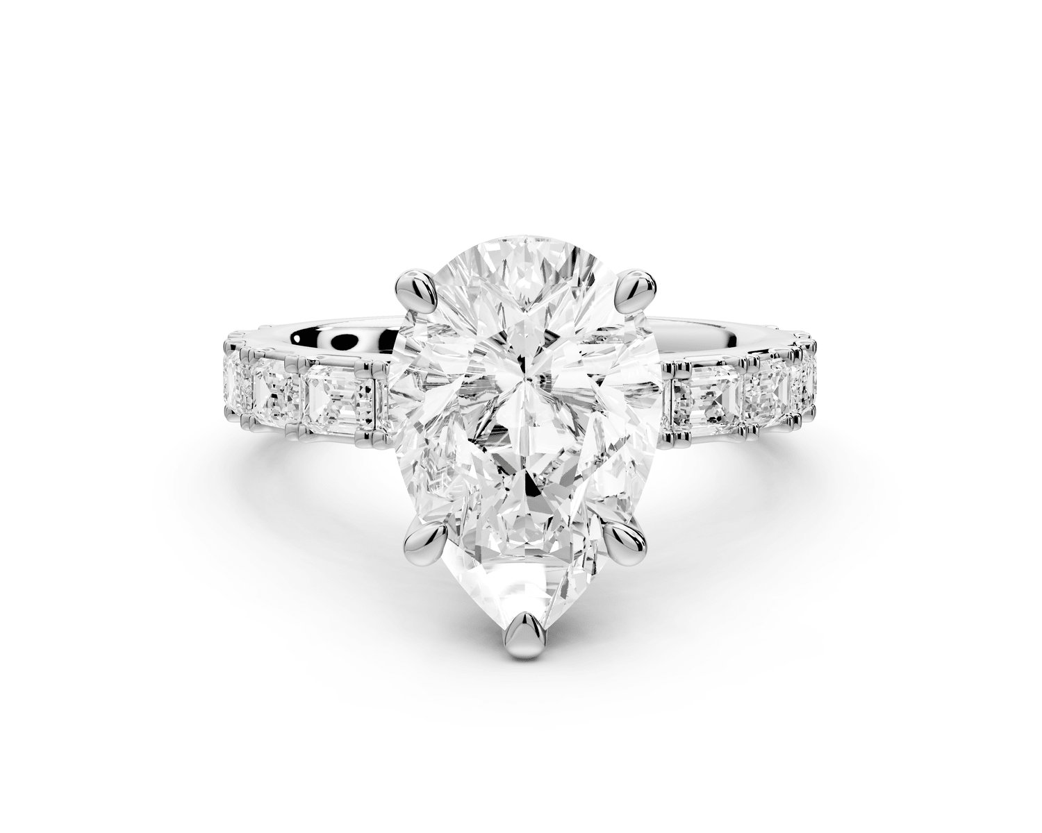 Nadia - 3ct platinum pear diamond with east - west emerald cut accent stones engagament ring - Mr. Alex Jewelry