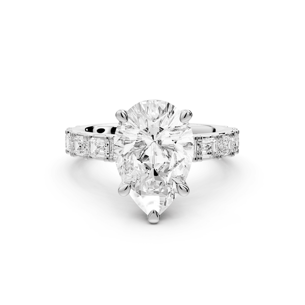 Nadia - 3ct platinum pear diamond with east - west emerald cut accent stones engagament ring - Mr. Alex Jewelry