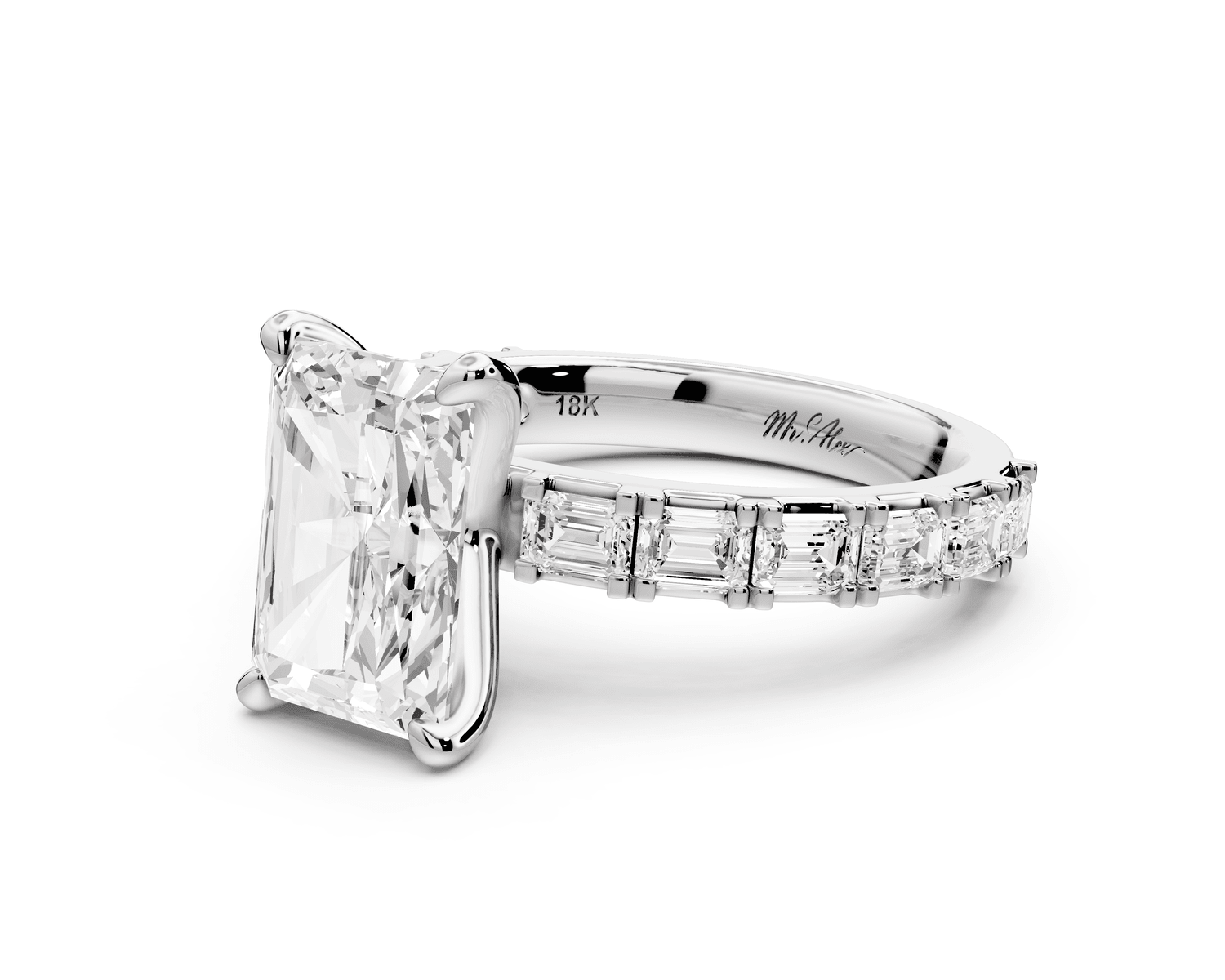 Nadia - 3ct platinum radiant diamond with east - west emerald cut accent stones engagement ring - Mr. Alex Jewelry