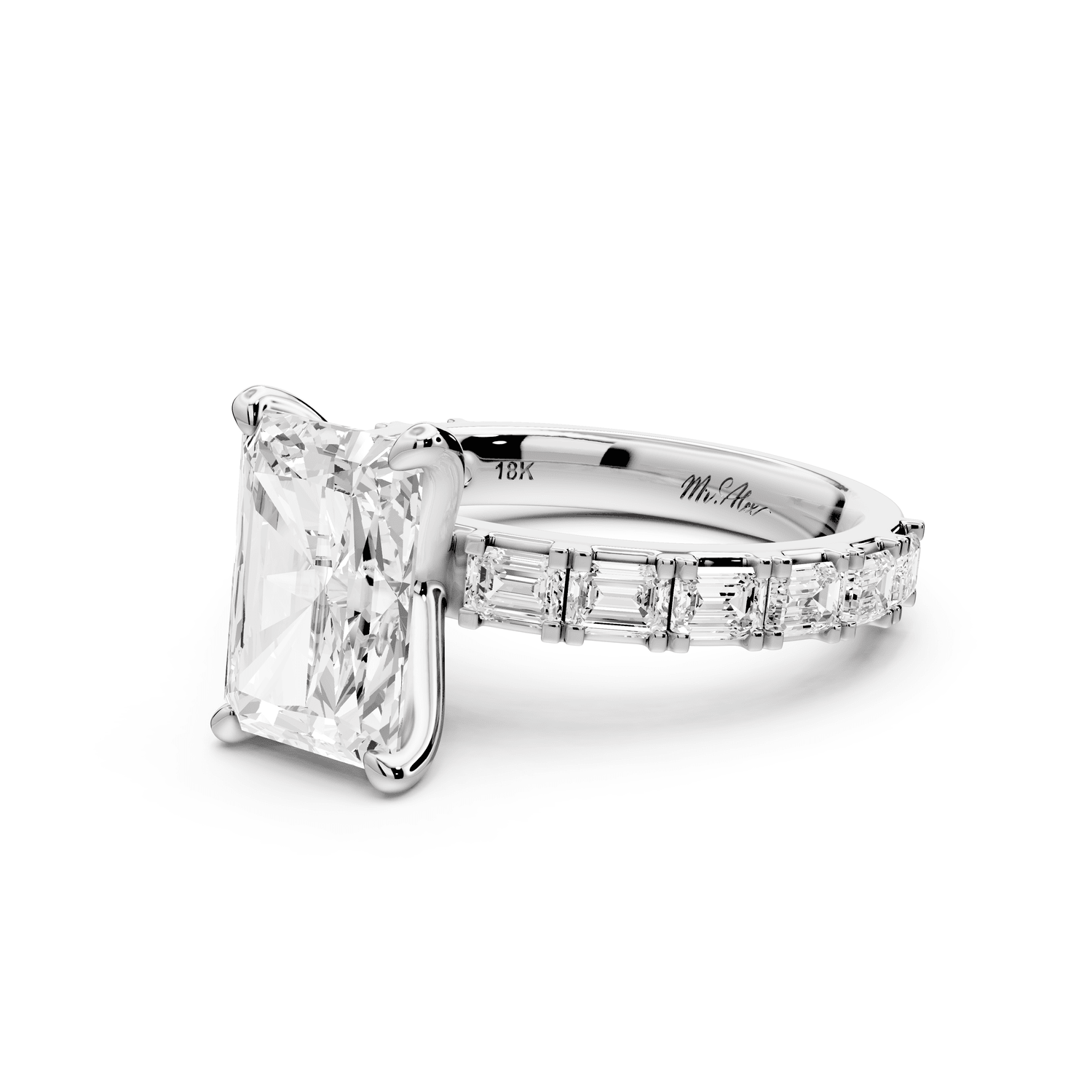 Nadia - 3ct platinum radiant diamond with east - west emerald cut accent stones engagement ring - Mr. Alex Jewelry