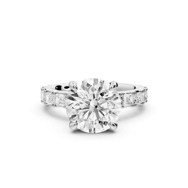 Nadia - 3ct platinum round diamond with east - west emerald cut accent stones engagement ring - Mr. Alex Jewelry