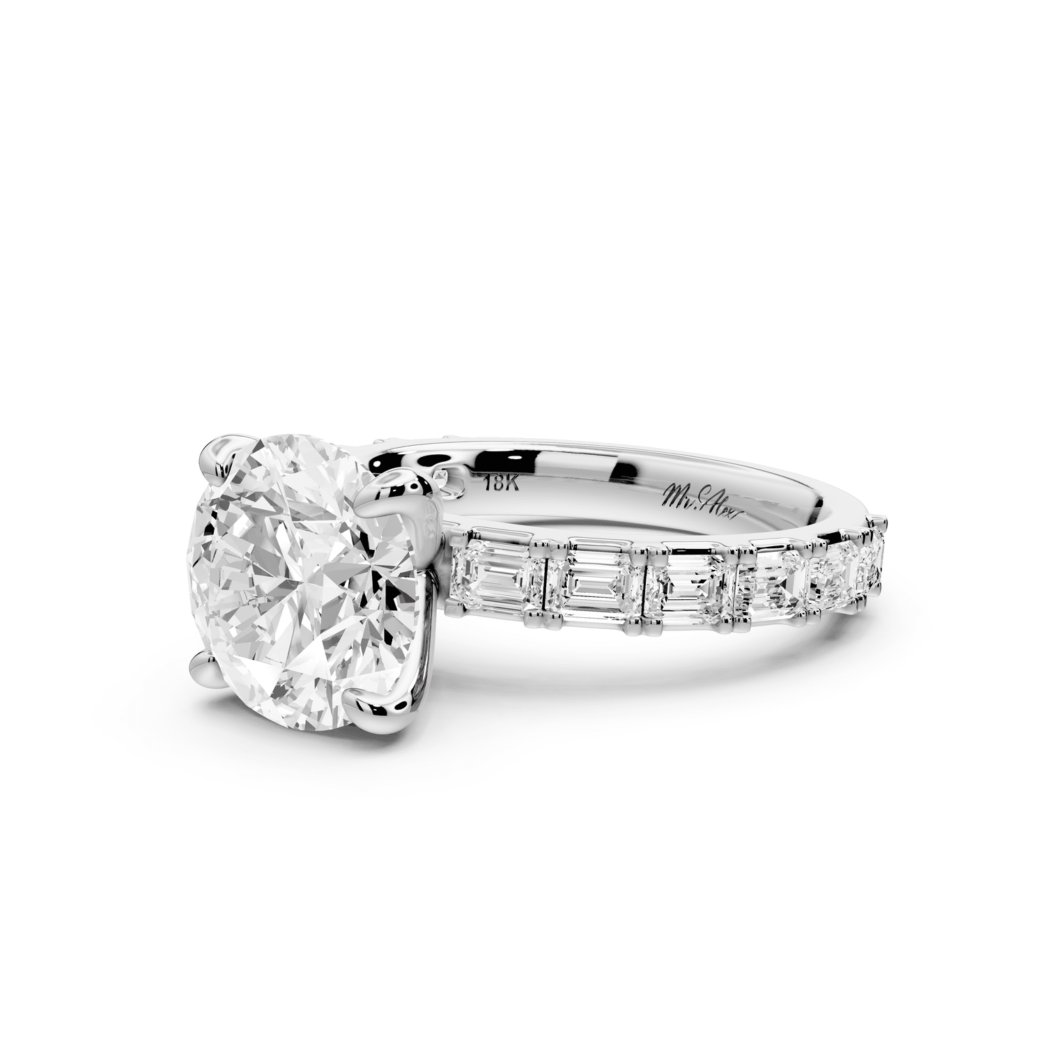 Nadia - 3ct platinum round diamond with east - west emerald cut accent stones engagement ring - Mr. Alex Jewelry