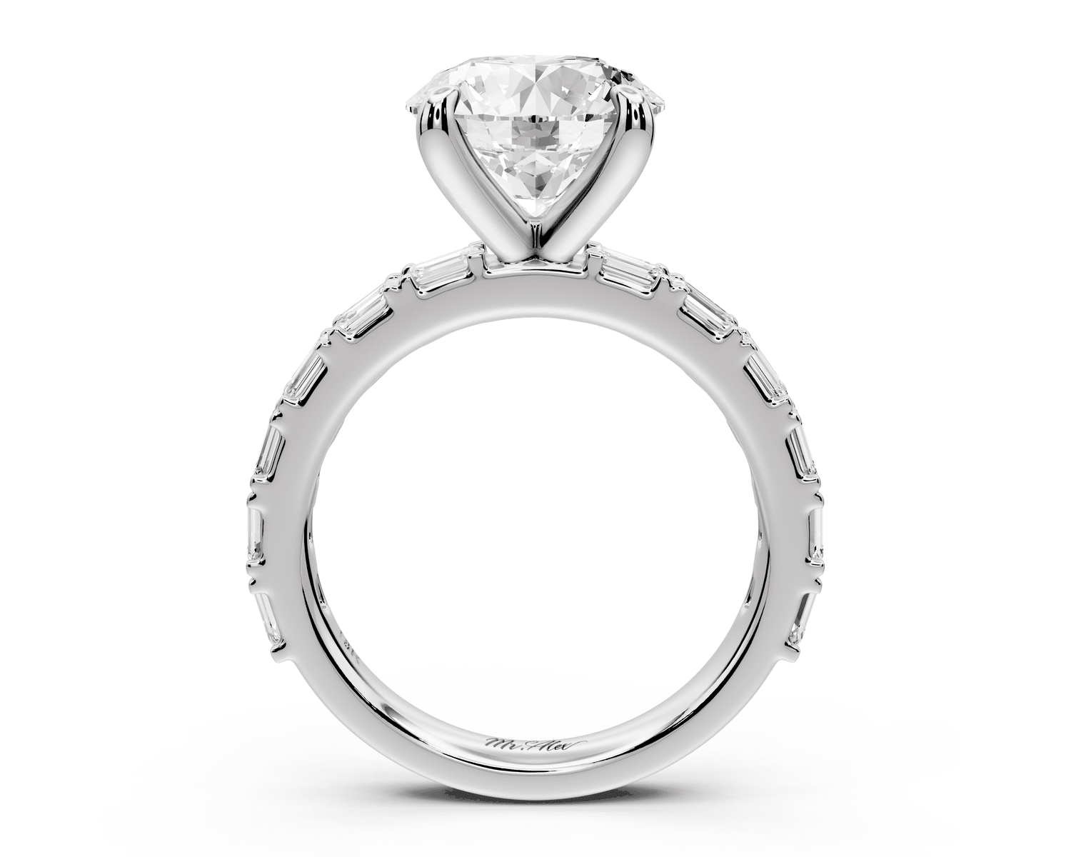 Nadia - 3ct platinum round diamond with east - west emerald cut accent stones engagement ring - Mr. Alex Jewelry