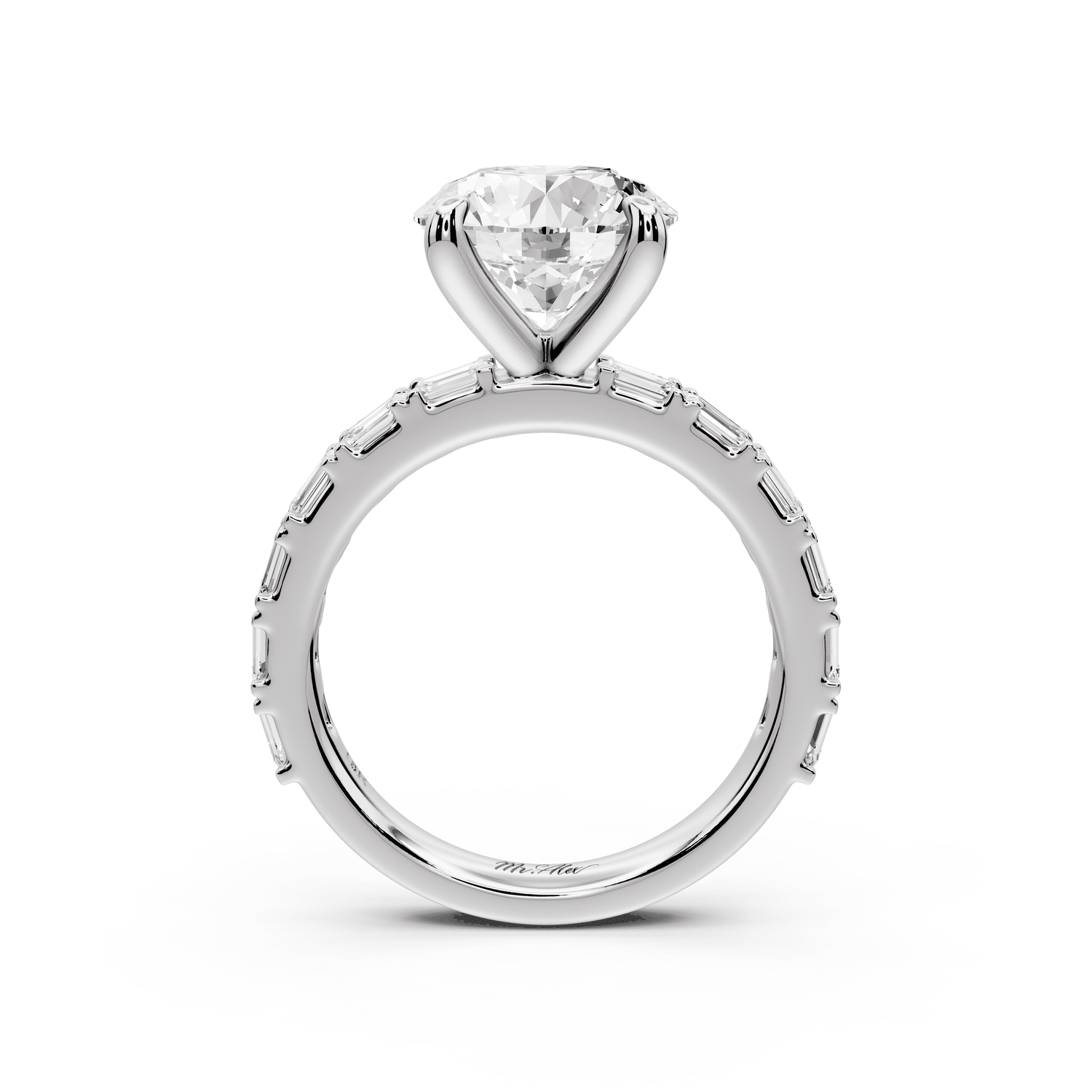 Nadia - 3ct platinum round diamond with east - west emerald cut accent stones engagement ring - Mr. Alex Jewelry