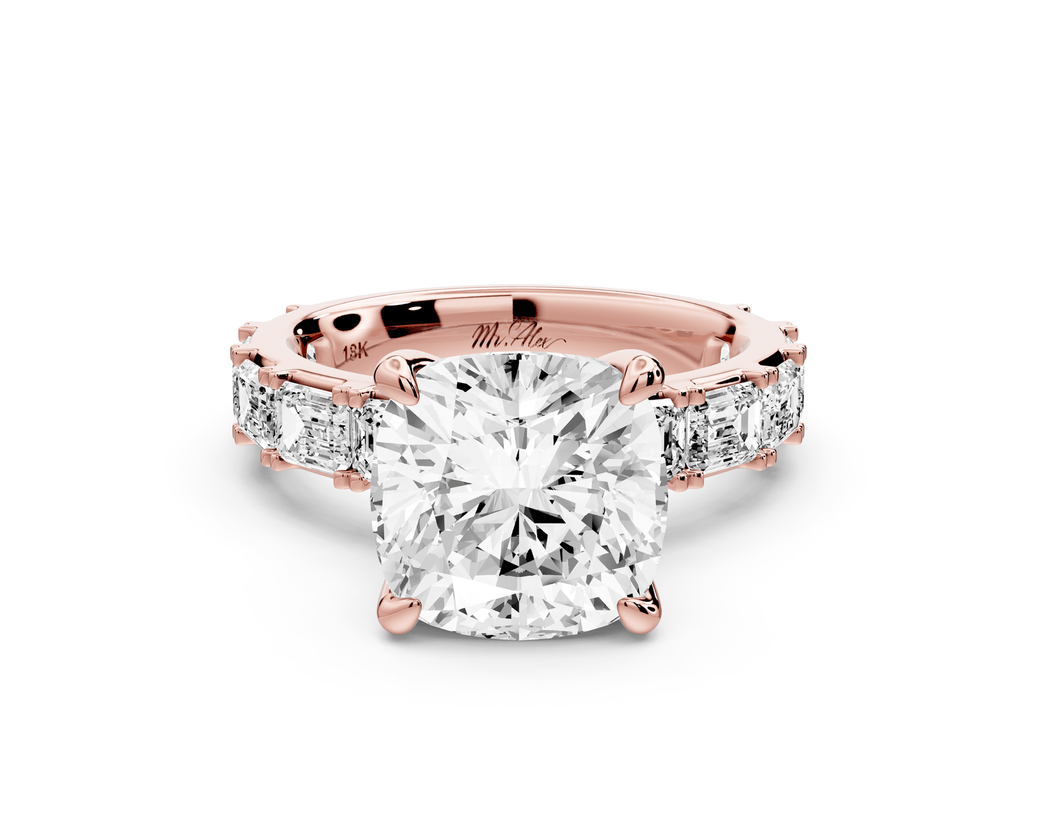 Nadia - 4ct 14k rose gold cushion diamond with east - west emerald cut accent stones engagement ring - Mr. Alex Jewelry