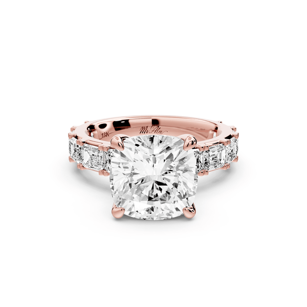 Nadia - 4ct 14k rose gold cushion diamond with east - west emerald cut accent stones engagement ring - Mr. Alex Jewelry