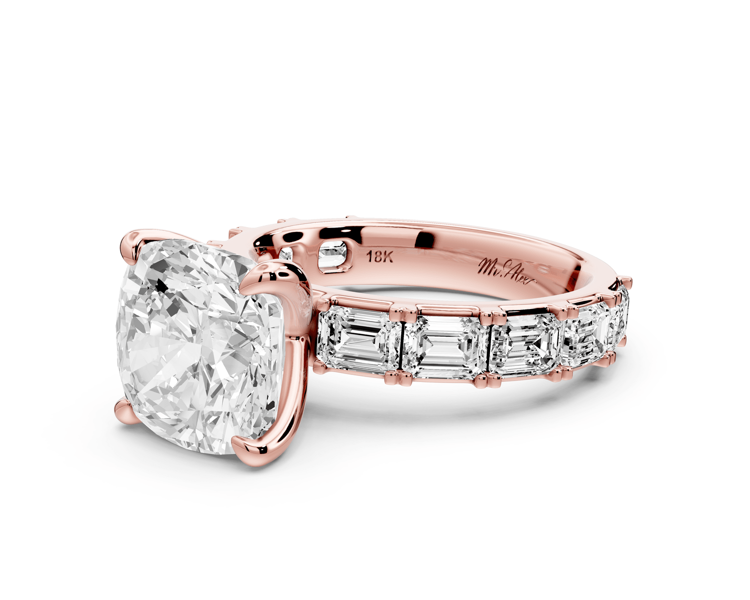 Nadia - 4ct 14k rose gold cushion diamond with east - west emerald cut accent stones engagement ring - Mr. Alex Jewelry