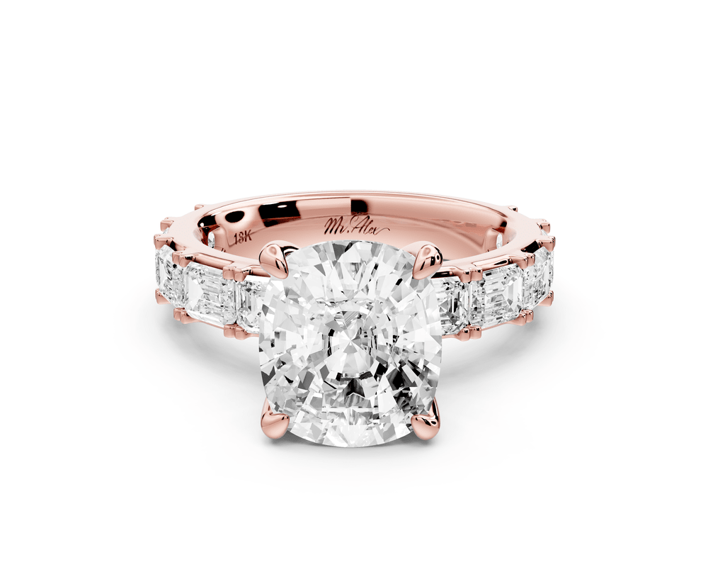 Nadia - 4ct 14k rose gold ecushion diamond with east - west emerald cut accent stones engagement ring - Mr. Alex Jewelry