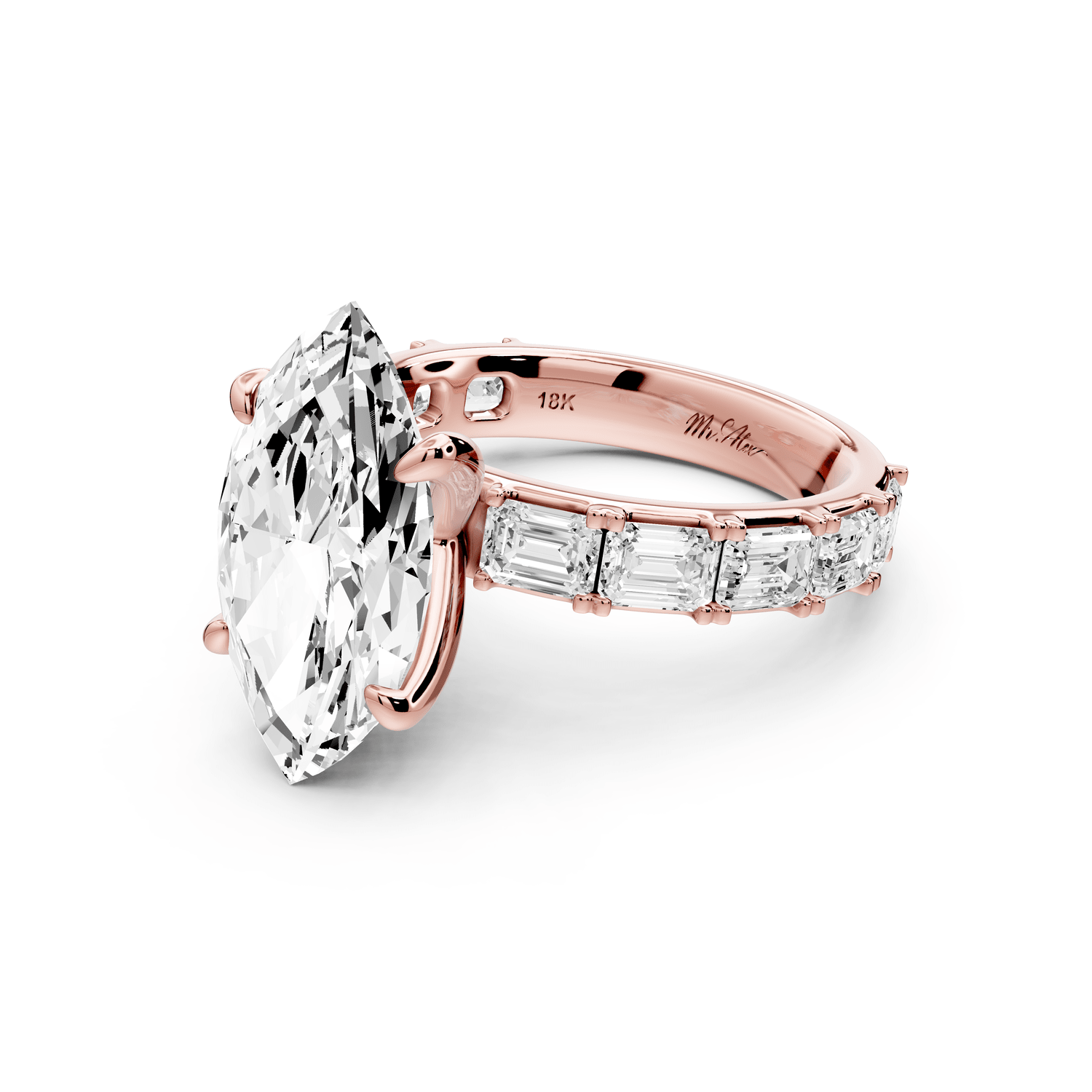 Nadia - 4ct 14k rose gold marquise diamond with east - west emerald cut accent stones engagement ring - Mr. Alex Jewelry