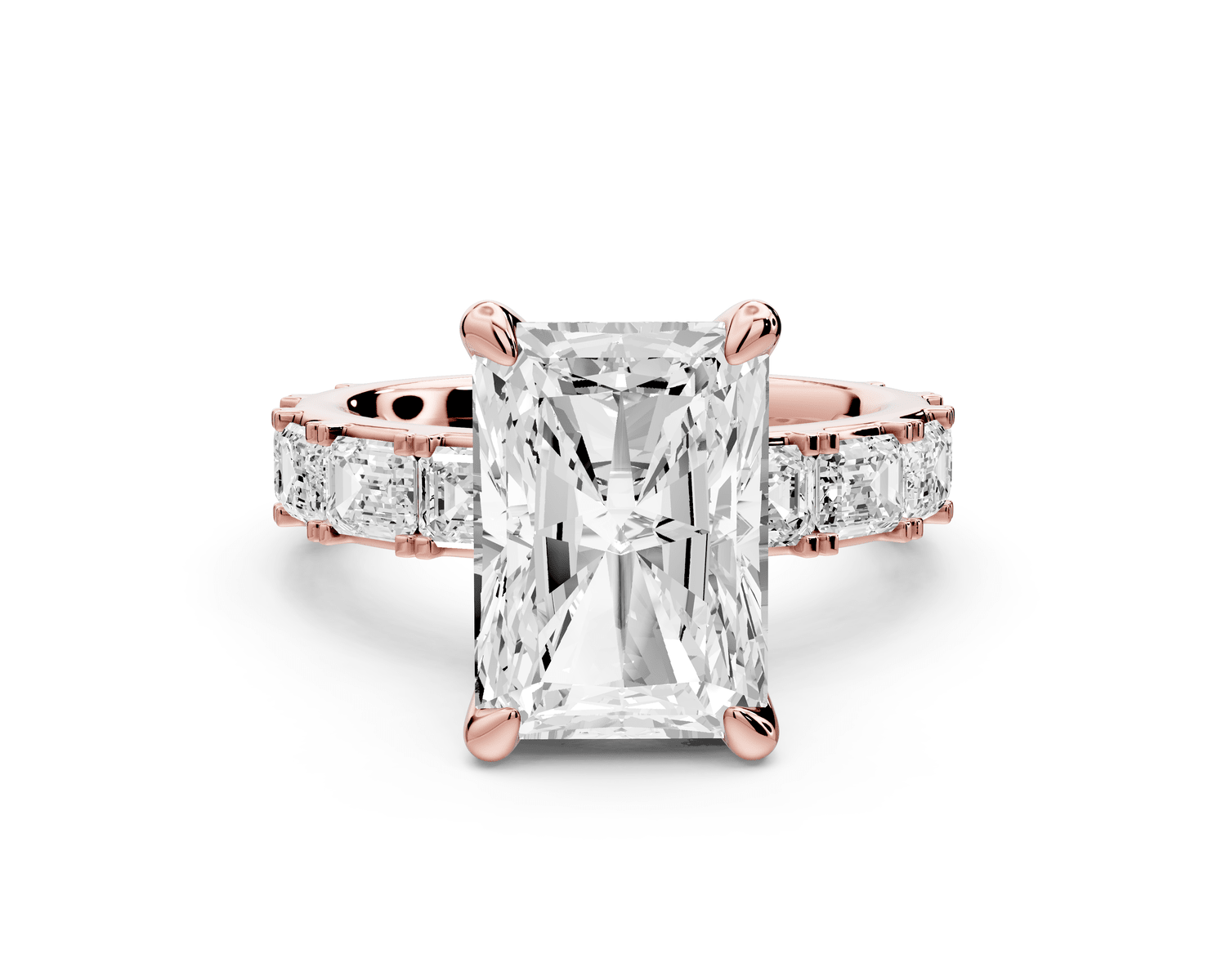 Nadia - 4ct 14k rose gold radiant diamond with east - west emerald cut accent stones engagement ring - Mr. Alex Jewelry