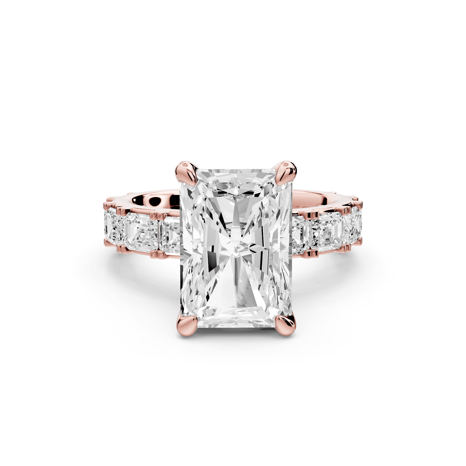 Nadia - 4ct 14k rose gold radiant diamond with east - west emerald cut accent stones engagement ring - Mr. Alex Jewelry