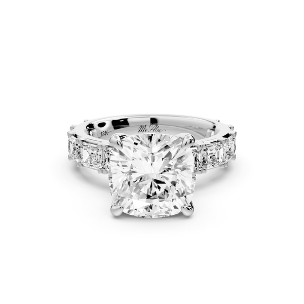 Nadia - 4ct 14k white gold cushion diamond with east - west emerald cut accent stones engagement ring - Mr. Alex Jewelry