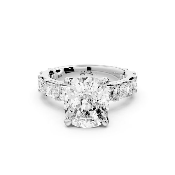Nadia - 4ct 14k white gold ecushion diamond with east - west emerald cut accent stones engagement ring - Mr. Alex Jewelry