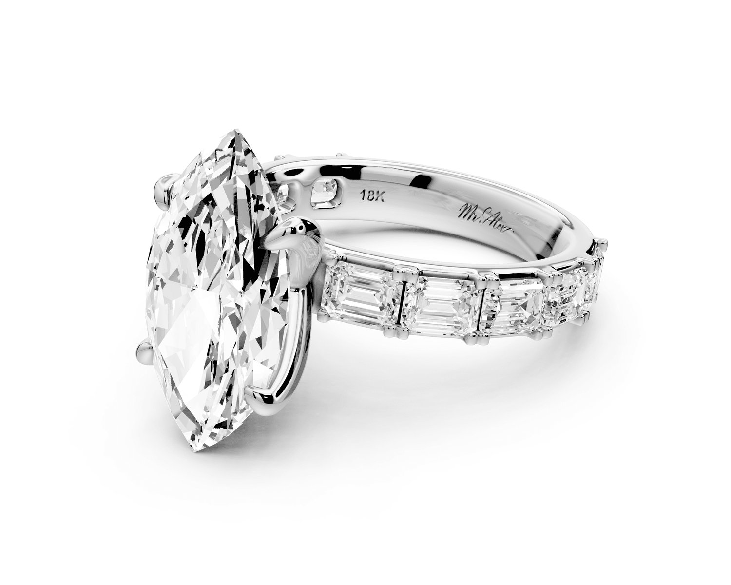 Nadia - 4ct 14k white gold marquise diamond with east - west emerald cut accent stones engagement ring - Mr. Alex Jewelry