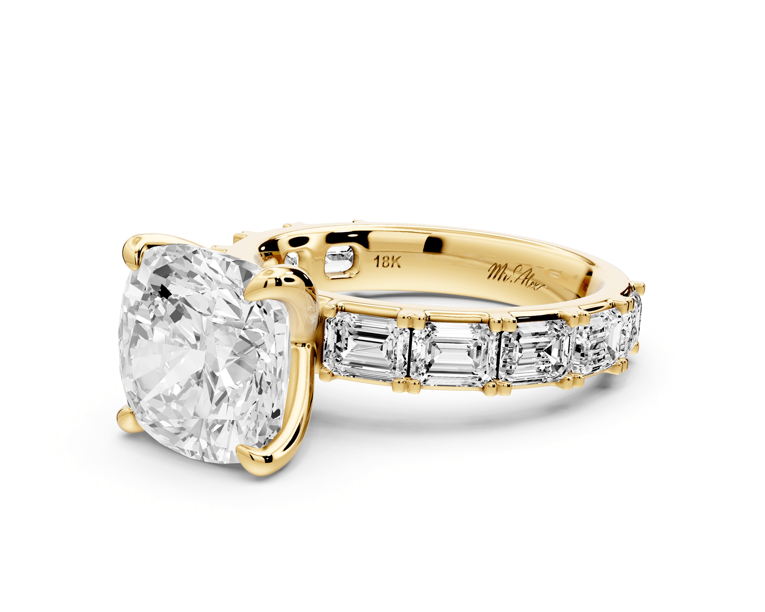 Nadia - 4ct 14k yellow gold cushion diamond with east - west emerald cut accent stones engagement ring - Mr. Alex Jewelry