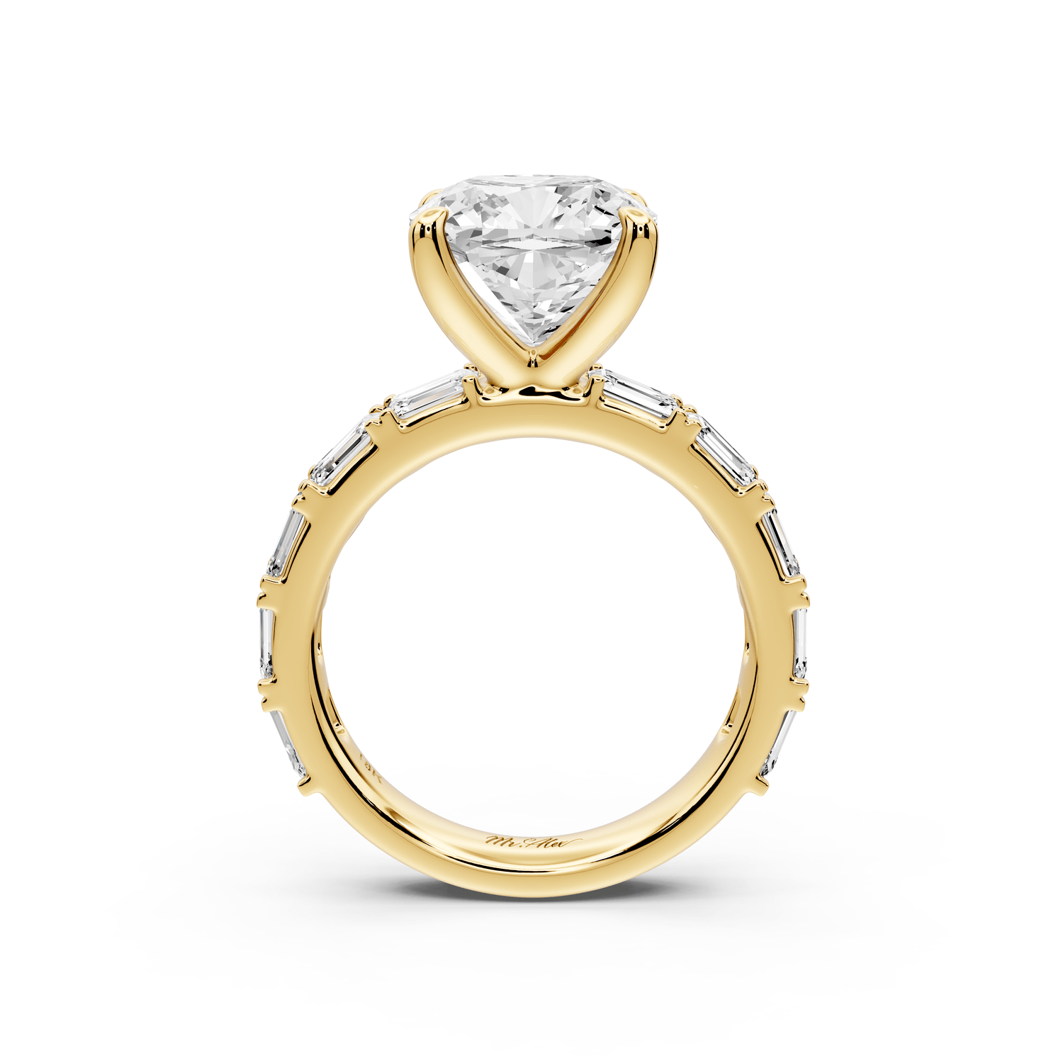 Nadia - 4ct 14k yellow gold cushion diamond with east - west emerald cut accent stones engagement ring - Mr. Alex Jewelry