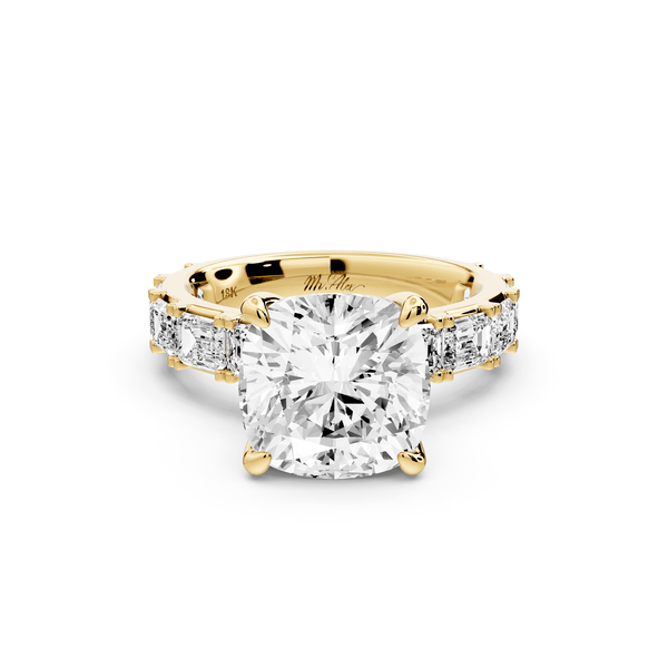Nadia - 4ct 14k yellow gold cushion diamond with east - west emerald cut accent stones engagement ring - Mr. Alex Jewelry