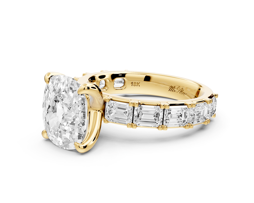Nadia - 4ct 14k yellow gold ecushion diamond with east - west emerald cut accent stones engagement ring - Mr. Alex Jewelry