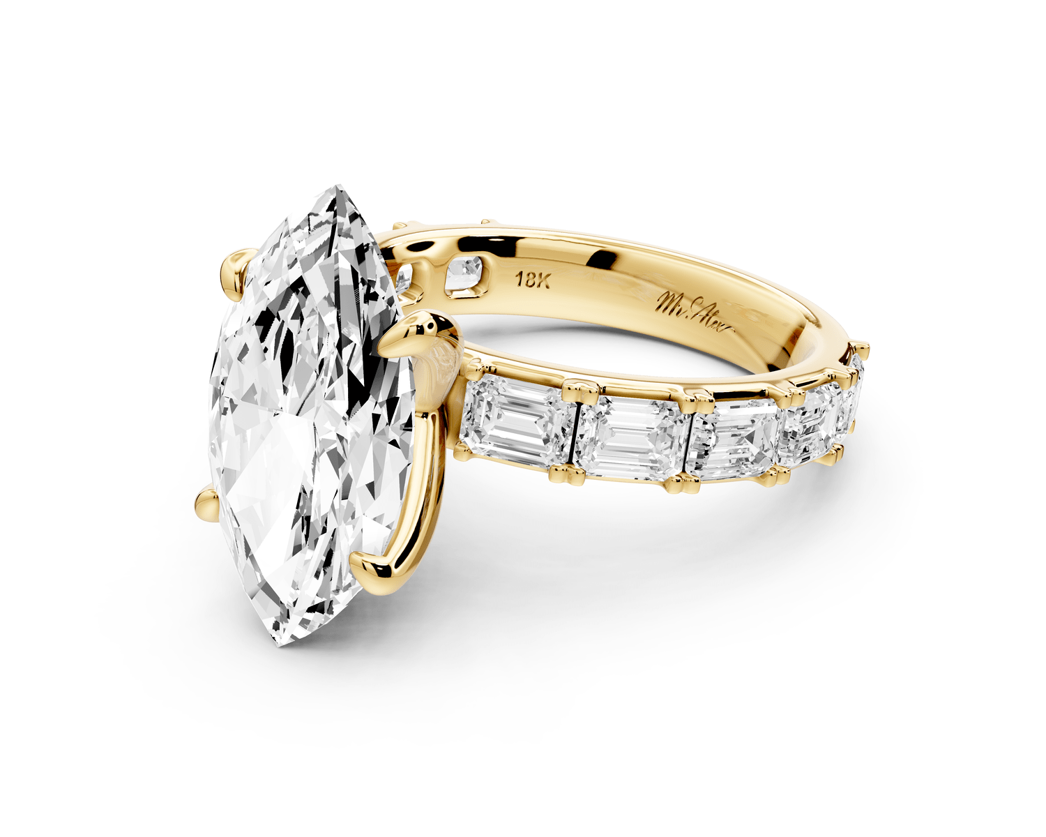 Nadia - 4ct 14k yellow gold marquise diamond with east - west emerald cut accent stones engagement ring - Mr. Alex Jewelry