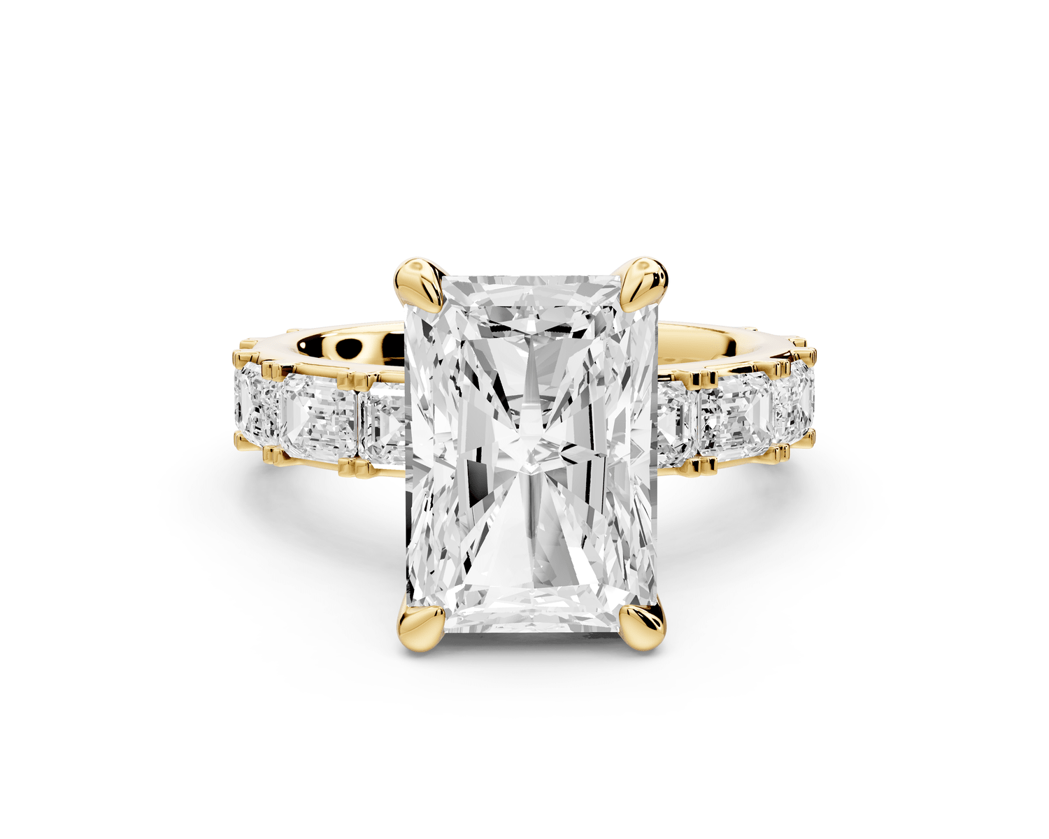 Nadia - 4ct 14k yellow gold radiant diamond with east - west emerald cut accent stones engagement ring - Mr. Alex Jewelry