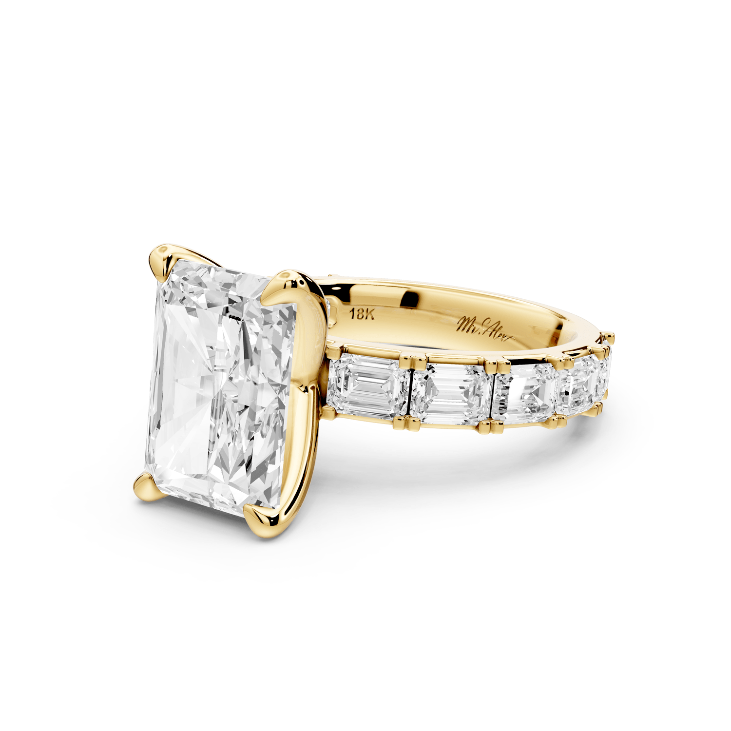Nadia - 4ct 14k yellow gold radiant diamond with east - west emerald cut accent stones engagement ring - Mr. Alex Jewelry