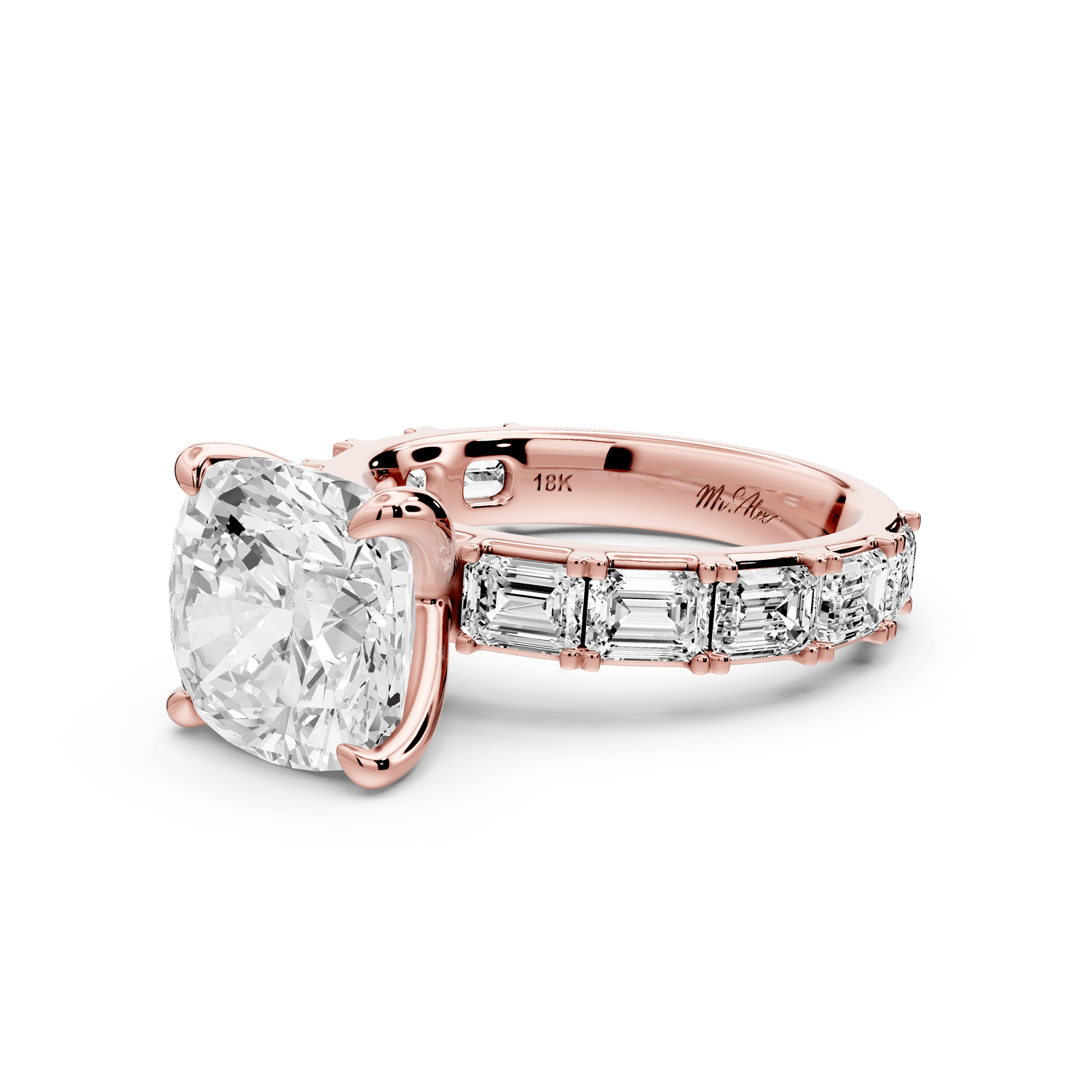 Nadia - 4ct 18k rose gold cushion diamond with east - west emerald cut accent stones engagement ring - Mr. Alex Jewelry