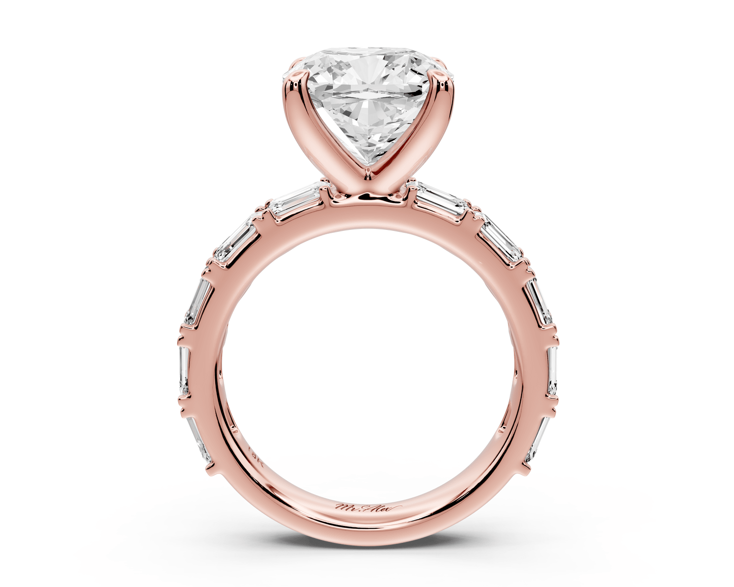 Nadia - 4ct 18k rose gold cushion diamond with east - west emerald cut accent stones engagement ring - Mr. Alex Jewelry