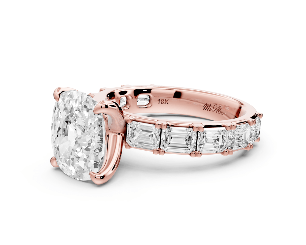 Nadia - 4ct 18k rose gold ecushion diamond with east - west emerald cut accent stones engagement ring - Mr. Alex Jewelry