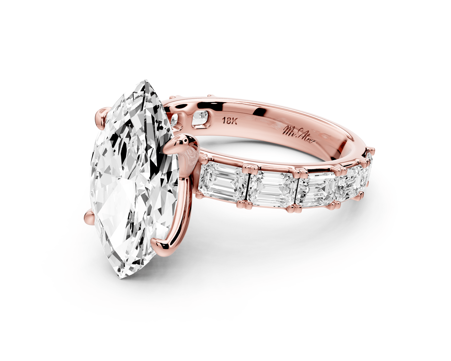 Nadia - 4ct 18k rose gold marquise diamond with east - west emerald cut accent stones engagement ring - Mr. Alex Jewelry