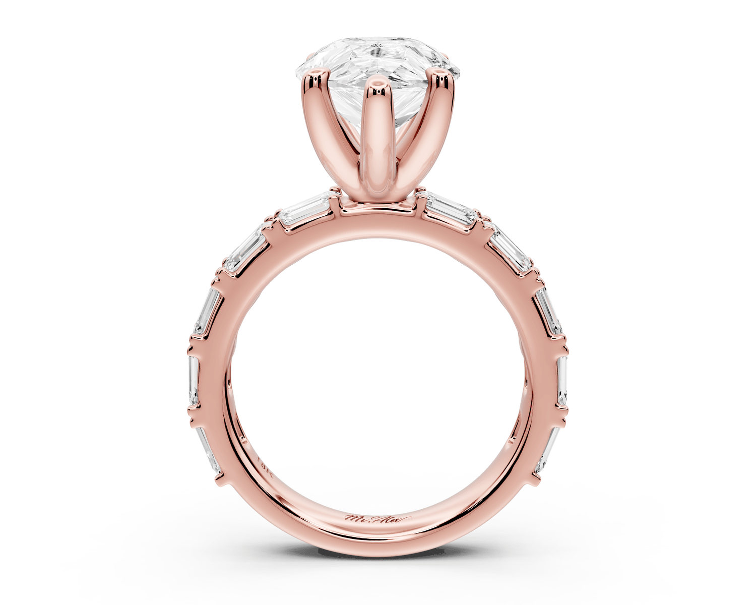 Nadia - 4ct 18k rose gold pear diamond with east - west emerald cut accent stones engagament ring - Mr. Alex Jewelry