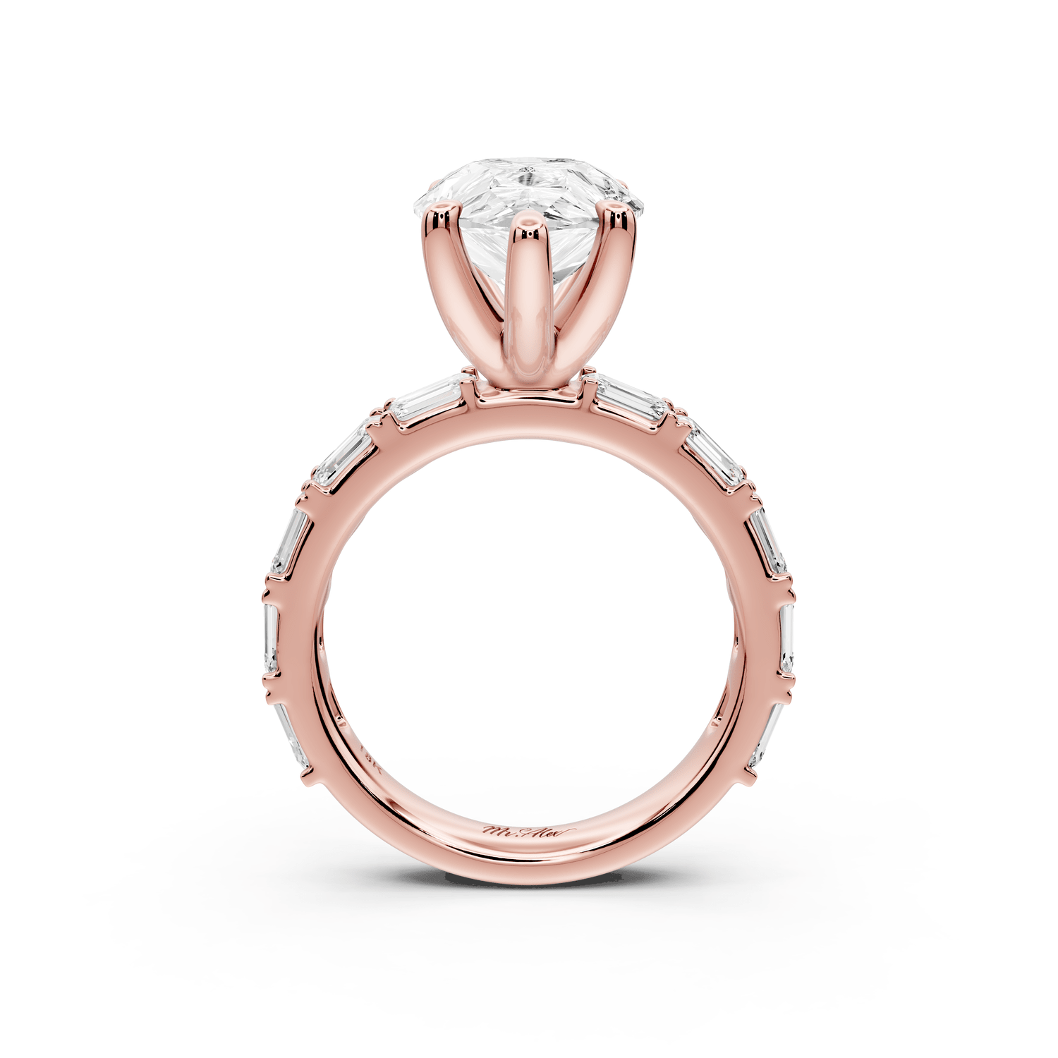 Nadia - 4ct 18k rose gold pear diamond with east - west emerald cut accent stones engagament ring - Mr. Alex Jewelry