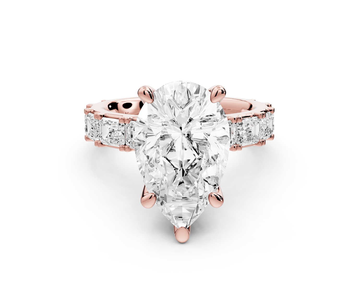 Nadia - 4ct 18k rose gold pear diamond with east - west emerald cut accent stones engagament ring - Mr. Alex Jewelry