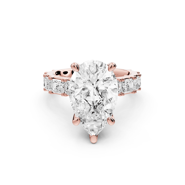 Nadia - 4ct 18k rose gold pear diamond with east - west emerald cut accent stones engagament ring - Mr. Alex Jewelry