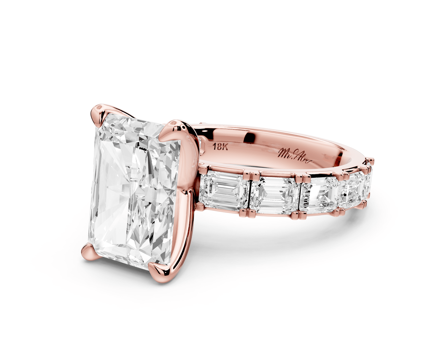 Nadia - 4ct 18k rose gold radiant diamond with east - west emerald cut accent stones engagement ring - Mr. Alex Jewelry