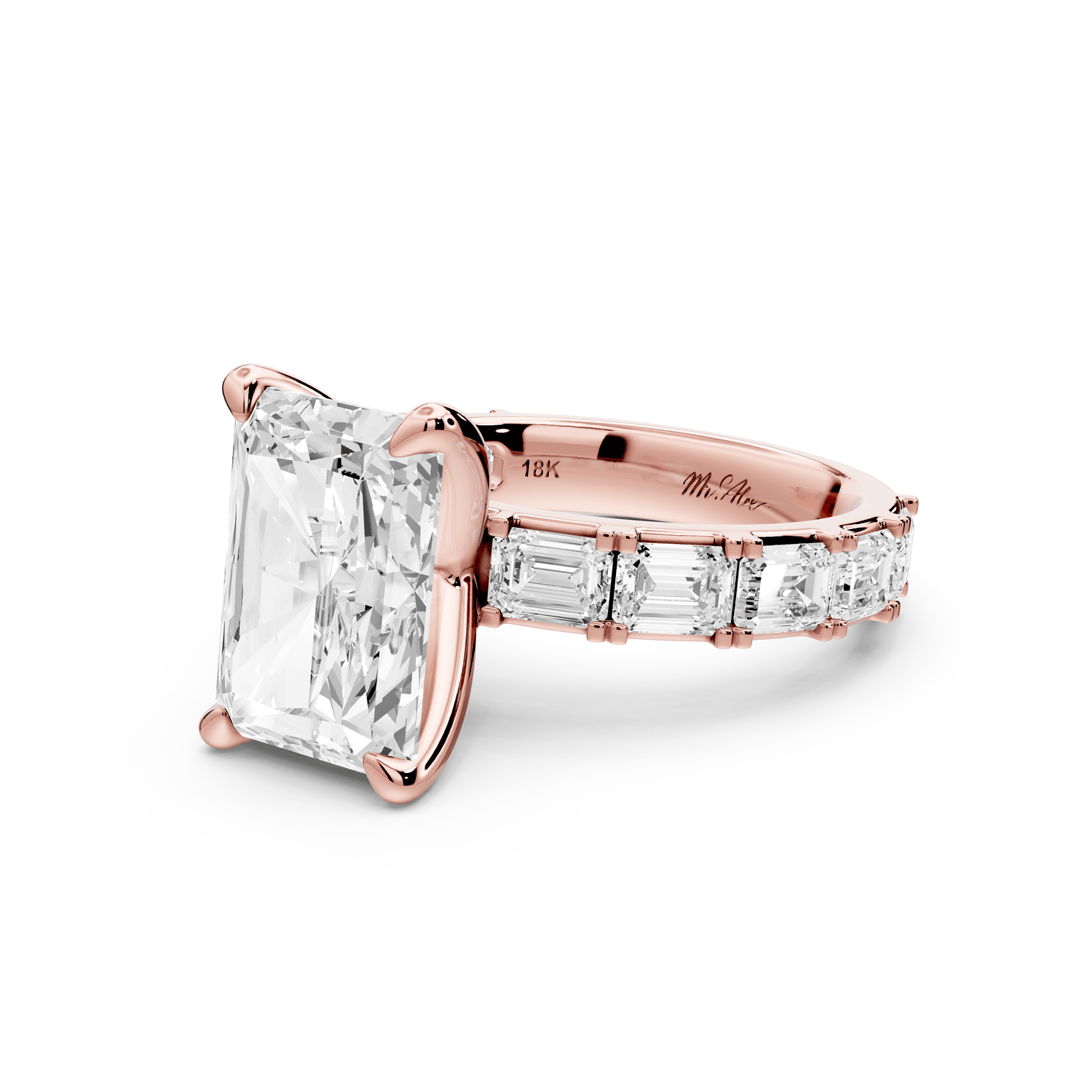 Nadia - 4ct 18k rose gold radiant diamond with east - west emerald cut accent stones engagement ring - Mr. Alex Jewelry