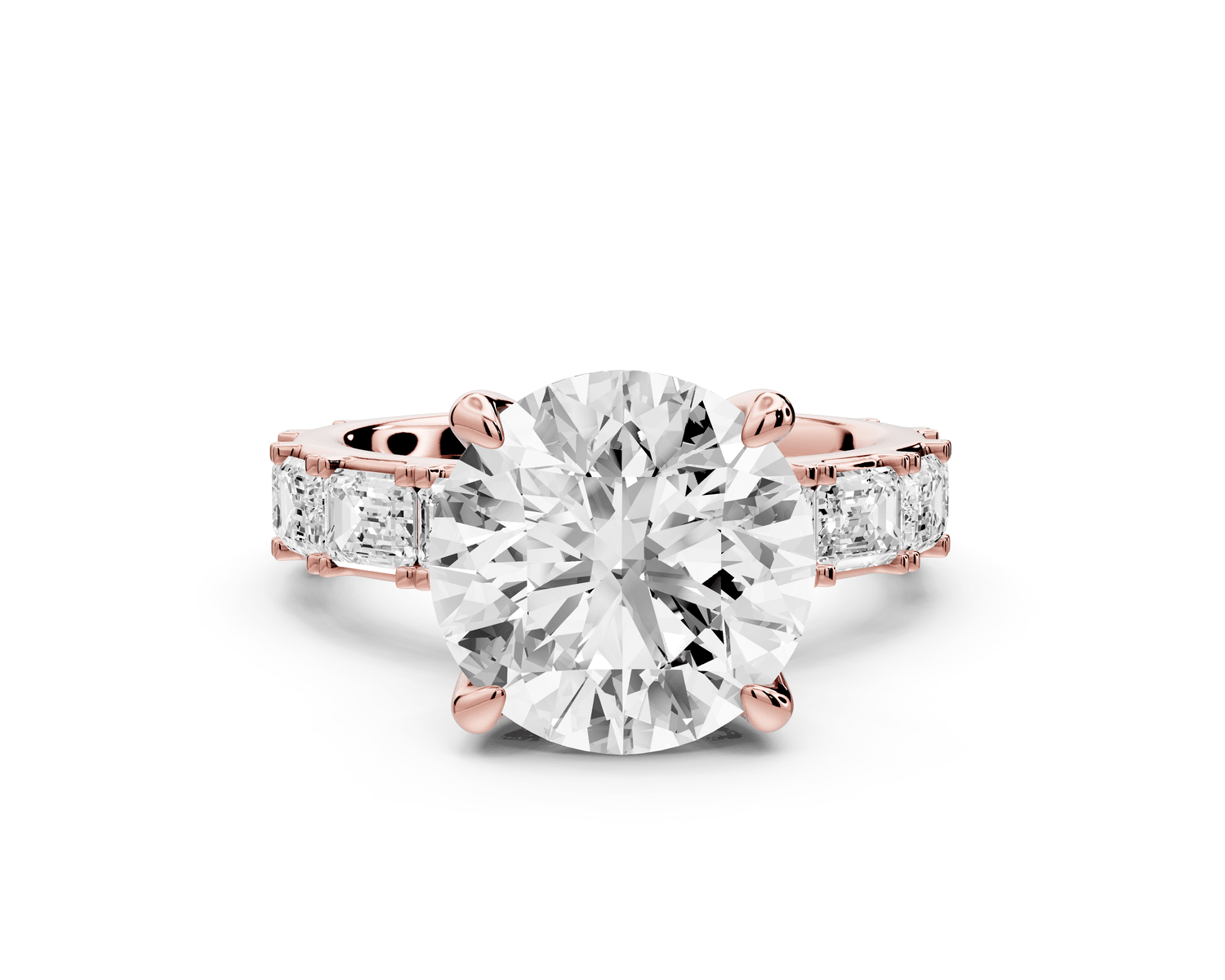 Nadia - 4ct 18k rose gold round diamond with east - west emerald cut accent stones engagement ring - Mr. Alex Jewelry